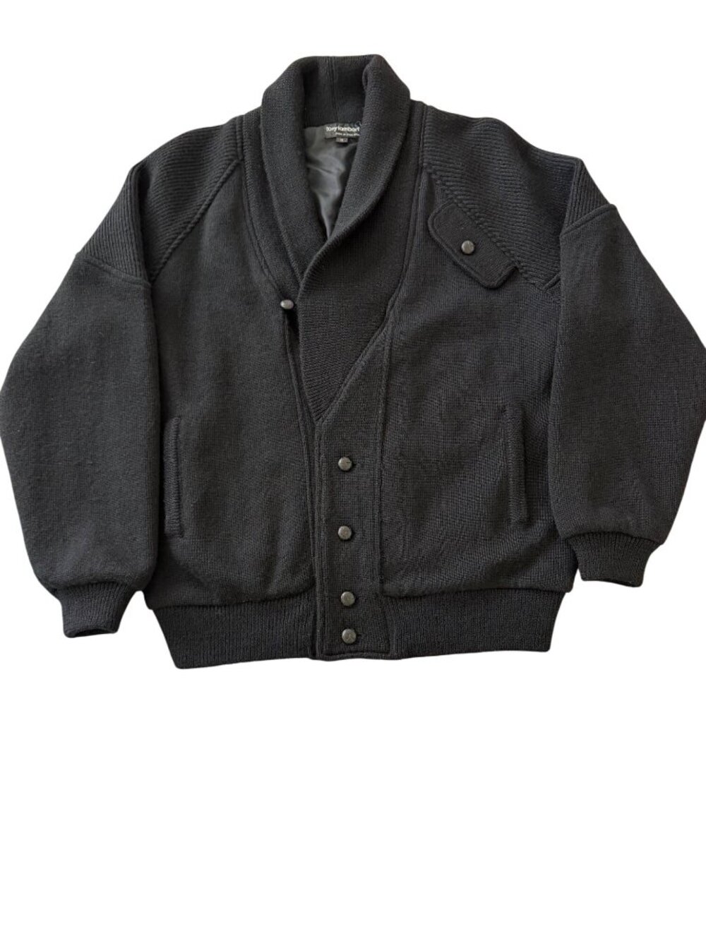 Tony Lambert Mens Shawl Collar Knit Cardigan Jacket Size M Black Pocket Vintage